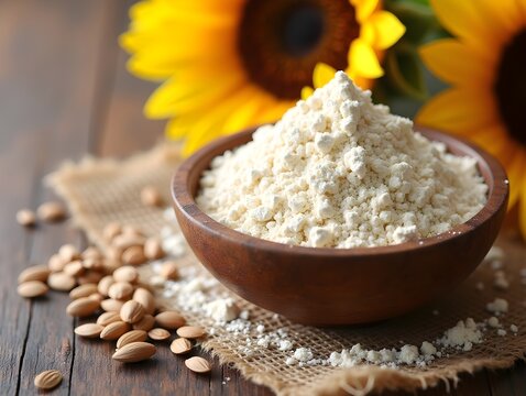 Sunflower flour on brown wooden bowl and some seeds for baking, gluten free copy space