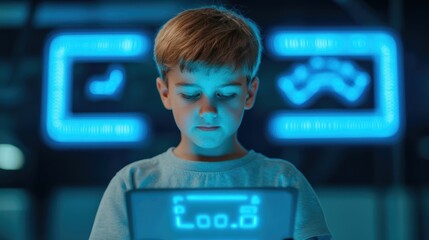 Young student using advanced digital educational technology and AI powered tools in a bright modern classroom setting  Concept of innovative learning and technology in education