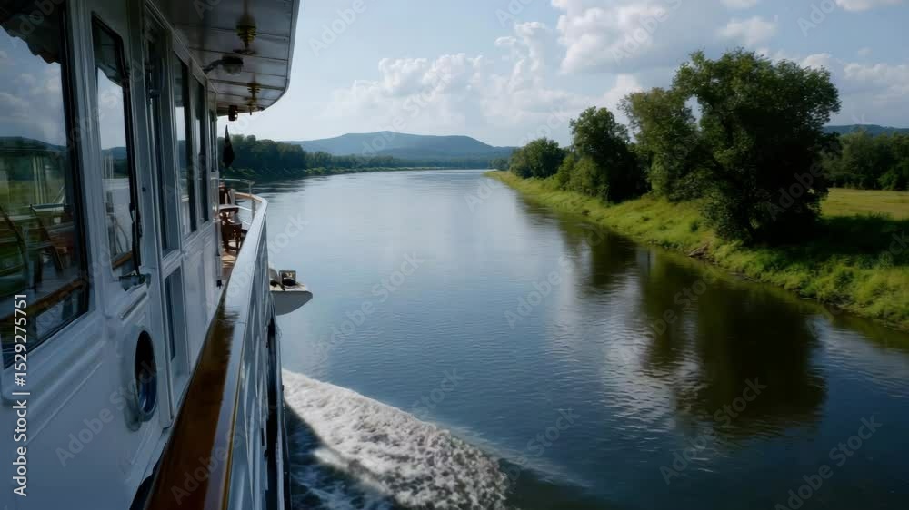 Poster view from the deck of an old white cruise ship sailing down a river. in the foreground we see small 