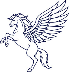 Fototapeta premium Minimalist pegasus line sketch with wings and flowing mane, simple black and white design for clean tracing