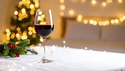Red wine in glass with Christmas tree and festive lights background