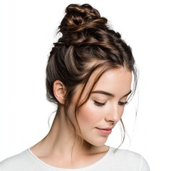 Fototapeta premium Beautiful woman with brown hair in a braided bun hairstyle for wedding or special occasion hair styling
