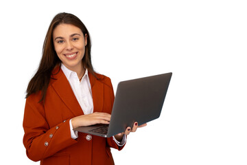 Professional businesswoman typing on laptop, displaying confidence with digital workplace skills against transparent backdrop