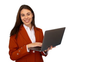 Professional businesswoman typing on laptop, displaying confidence with digital workplace skills against transparent backdrop