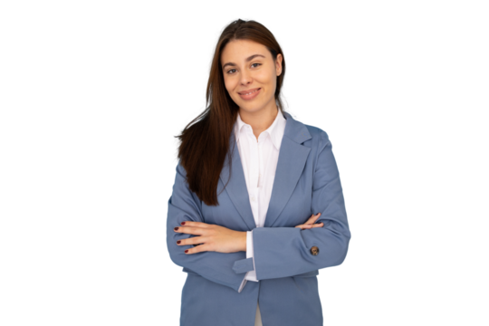 Professional businesswoman standing confidently, arms crossed, radiating success against clean transparent backdrop
