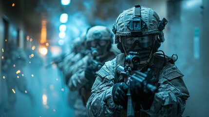 Fototapeta premium A team of soldiers in tactical gear navigates a smoke-filled corridor, showcasing bravery and focus under pressure during a military operation, illustrating teamwork.