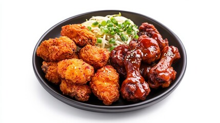 Korean Fried Chicken with Soy Glaze and Bean Sprouts on Black Plate , Korean food, Fried Chicken