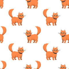 Red cat Cartoon illustration. Happy kitten with collar. Vector illustration. Traveling with pets concept. Flat design. Pet shop, vet clinic character, mascot.