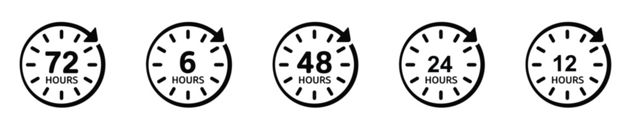 Hour Timer Icon Set – 6, 12, 24, 48, 72 Hour Countdown Clock Symbols for Delivery, Warranty, and Time. 6, 12, 24, 48, 72 Hours Clock Arrow. Transparent Background