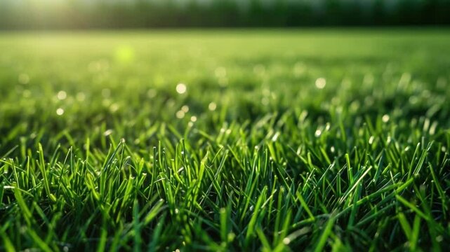 Sunlight gently shines on vibrant green grass in a tranquil outdoor area. The scene captures the essence of natural beauty and peace during the early evening hours
