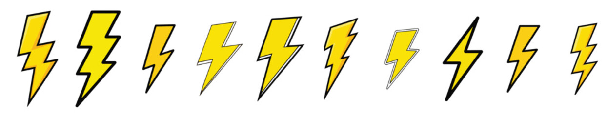 Lightning Bolt Icon Set – Yellow Electric Power and Energy Symbols Thunder Bolt Flash Icon on Transparent Background