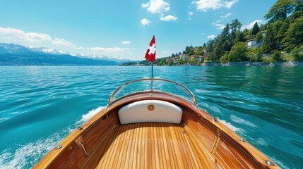 A charming view from the bow of a wooden boat on a serene Swiss lake, reflecting stunning scenery, mountains, and a clear blue sky, promoting relaxation and natural beauty.