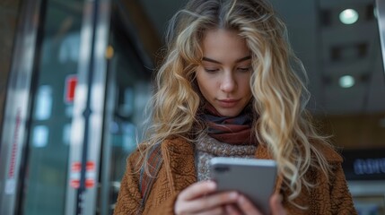 A young woman with beautiful long, wavy hair focuses on her smartphone, immersed in the digital world in a stylish urban environment, showcasing modern lifestyle trends.