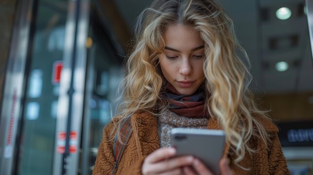 A young woman with beautiful long, wavy hair focuses on her smartphone, immersed in the digital world in a stylish urban environment, showcasing modern lifestyle trends.