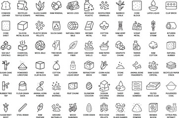 Raw Materials Icons, Vector Illustration Isolated on White Background.