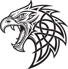 Obraz premium Tribal-style mythical beast face with bold symmetry and black ink shapes, iconic tattoo-ready design for fantasy lovers