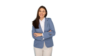 Professional businesswoman standing confidently, arms crossed, radiating success against...