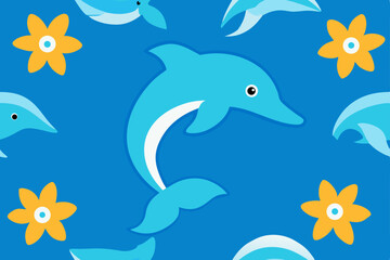 Fototapeta premium Seamless Pattern Playful Dolphins and Flowers, Ocean Fun Design