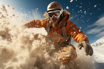 A thrilling snowboarder carving through fresh powder snow, displaying excitement and skill against a stunning alpine backdrop under a clear blue sky.
