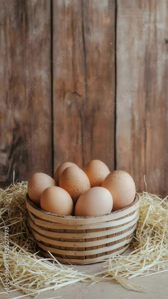 Poster fresh brown eggs gradually fill a small wicker basket nestled on a bed of straw, set against a rusti