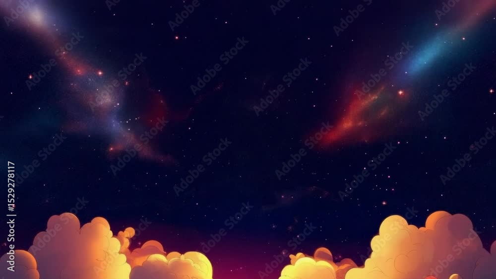 Poster a space shuttle flying through the sky with fluffy clouds