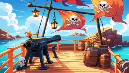 Obraz premium Cartoon illustration of a pirate ship deck with cannon and skull flag on a sunny day