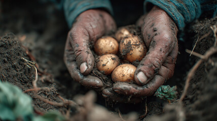Hands carefully lifting freshly dug potatoes from the rich earth