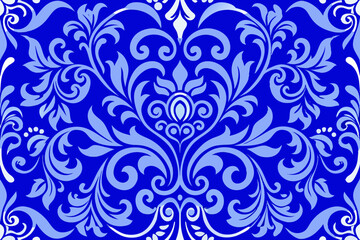 Elegant Damask Pattern Blue Floral Wallpaper Design, Seamless Texture