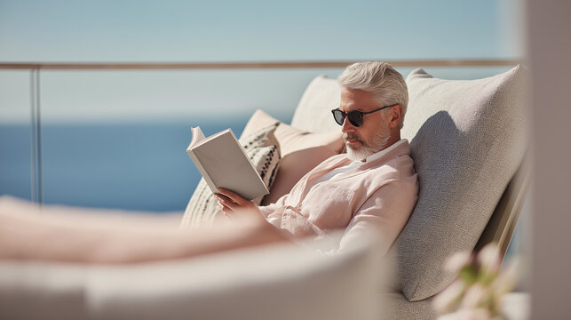 Mature man relaxing on terrace with sea view, reading a book in sunlight. Peaceful summer travel vibe, solo vacation, mindful leisure and stylish adult lifestyle concept.