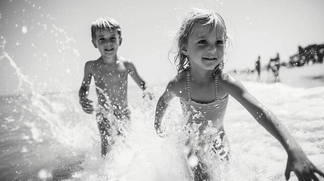 Happy children splashing in ocean waves on a sunny beach day. Joyful childhood summer moments, carefree vacation, siblings playing, capturing pure happiness and energy by the sea.