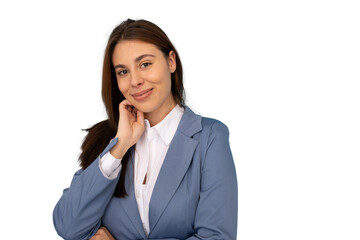 Professional businesswoman in blue suit and crisp white shirt, confidently posing with hand near chin, studio-lit portrait highlighting corporate confidence