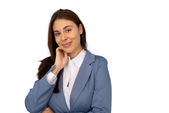 Professional businesswoman in blue suit and crisp white shirt, confidently posing with hand near chin, studio-lit portrait highlighting corporate confidence