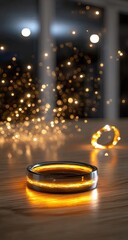 Glowing Orange Metal Ring On Wooden Surface With Sparkling Lights