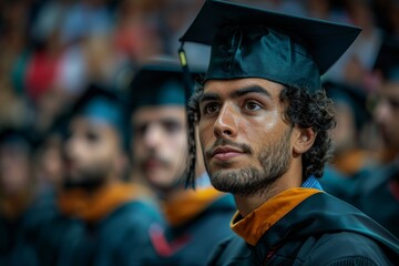 A focused male graduate in an academic cap attends a memorable graduation ceremony, reflecting achievements, aspirations, and the journey toward future opportunities.