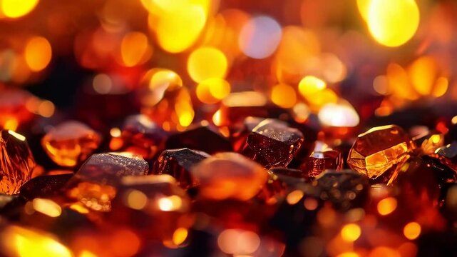 Glow, close-up view of vibrant orange glass stones with blurred luminous light orbs in soft focus creating a warm, elegant ambience