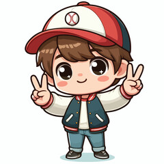 cute boy cartoon vector with baseball jacket and peace hand on