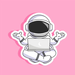 Sticker of Confused Astronaut with Laptop in Space Vector Illustration Cartoon Design