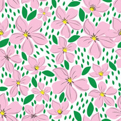 Seamless pattern of pink flowers and scattered green leaves on a white background. Perfect for fabric, wrapping paper, wallpapers, and invitations.