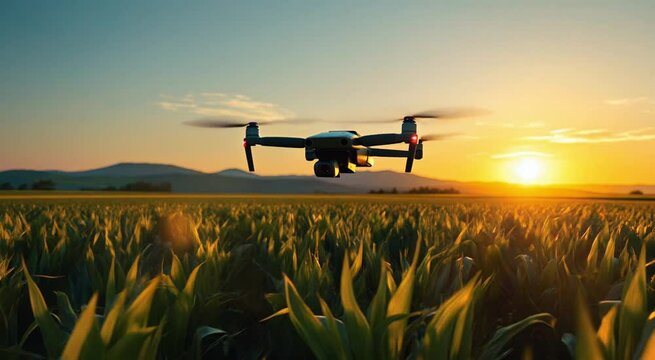 Drone flying over a lush cornfield during a golden sunset on a farm