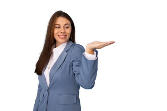 Young businesswoman in a blue suit holding her hand out to present something with a transparent background - Powered by Adobe