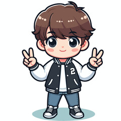 cute boy cartoon vector with baseball jacket and peace hand on