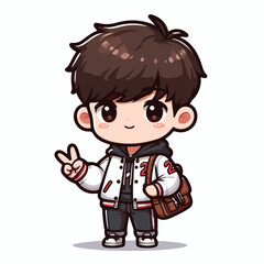cute boy cartoon vector with baseball jacket and peace hand on