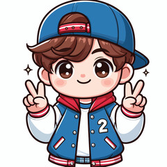 cute boy cartoon vector with baseball jacket and peace hand on
