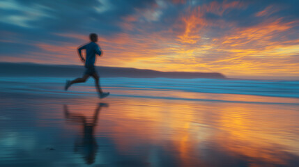 Fototapeta premium Runner on a Beach at Dawn Silhouette in Motion