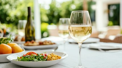 Outdoor brunch setting with a festive display of delectable food vibrant decor and a cheerful lively atmosphere that radiates a sense of joy and