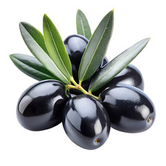 Fresh Black Olives with Leaves Isolated on Transparent Background