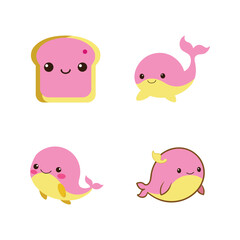Adorable Pink Whale and Toast Kawaii Character Illustrations