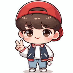 cute boy cartoon vector with baseball jacket and peace hand on