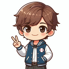 cute boy cartoon vector with baseball jacket and peace hand on