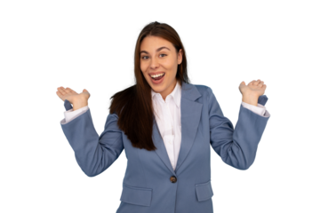 Professional businesswoman in blue suit, white shirt, gesturing enthusiastically with open hands, smiling brightly against transparent background